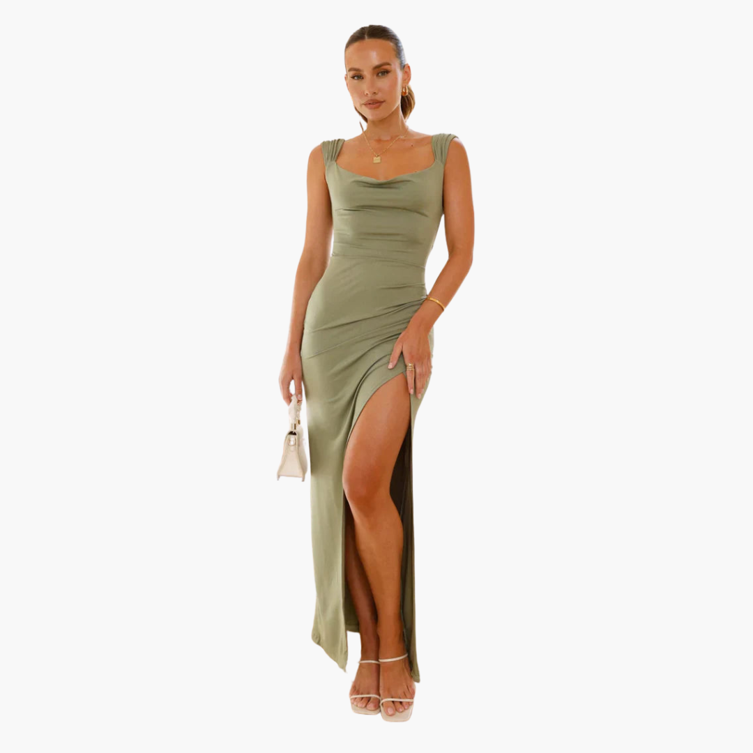 Dagmar | Figurbetontes Schlitzkleid mit Raffungen